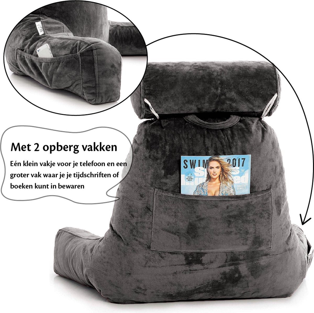 EL-Life Lesekissen - Mit Nackenrolle - Sitzkissen - Samt - 53 x 60 x 40 cm - Anthrazit