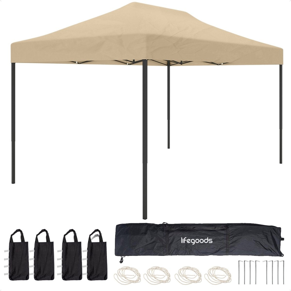 LifeGoods Pavillon Partyzelt - 3,0 x 4,5 m - Leicht aufbaubar, faltbar, wasserdicht - Tragetasche mit Rädern - Beige