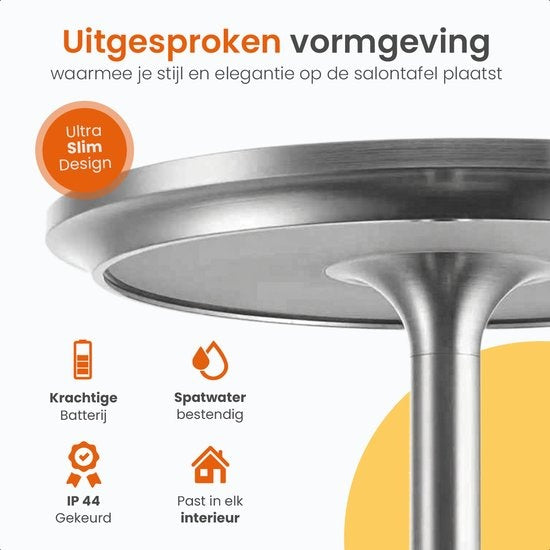 Goliving Tischlampe Wiederaufladbar - Kabellos und dimmbar - Moderne Touch-Lampe - Nachtlampe für das Schlafzimmer - Spritzwassergeschützt - 27 cm - Silber