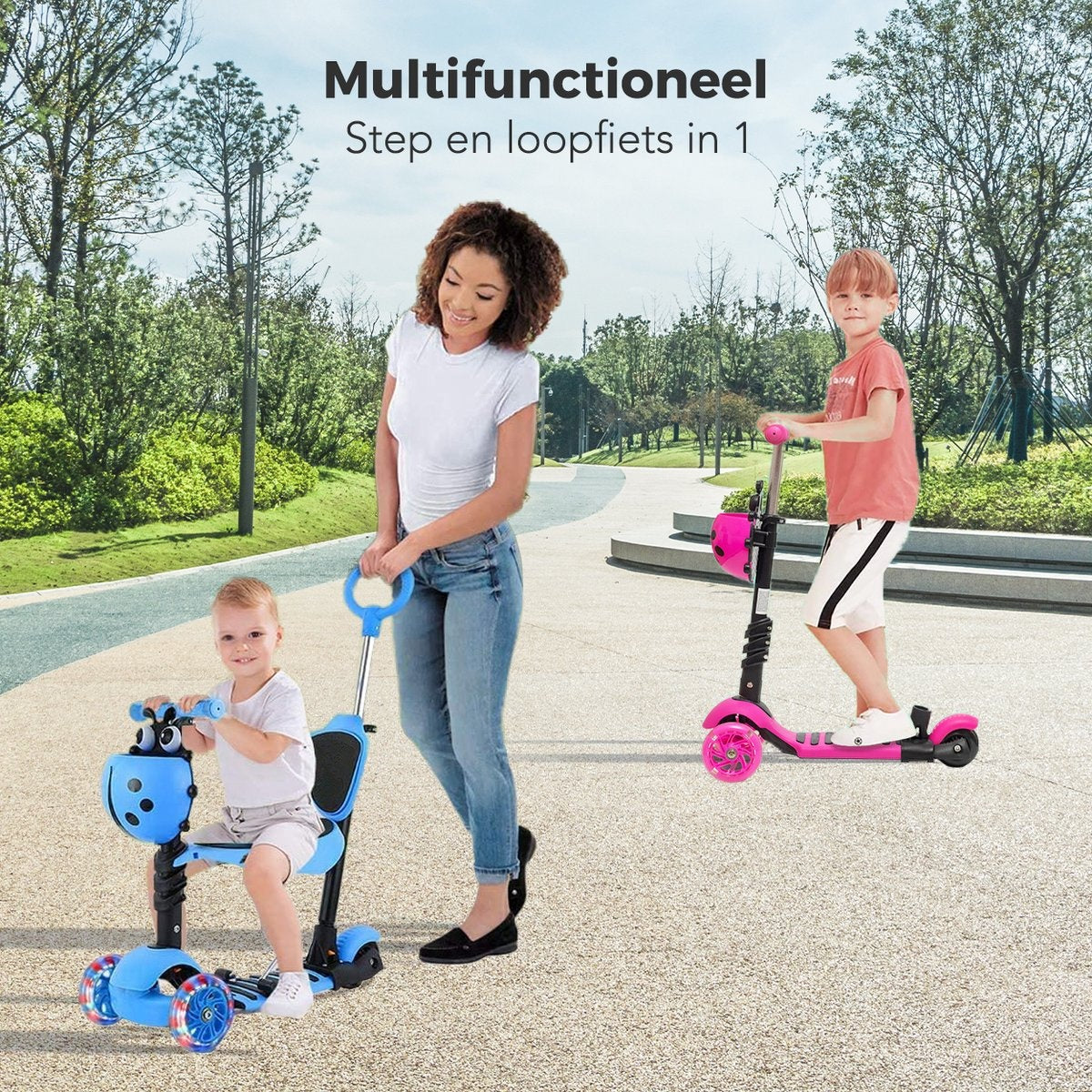 LifeGoods MultiRider - Kinderroller mit Schiebestange - 3 -8 Jahre - Jungen/Mädchen - 3 leuchtende Räder - Blau