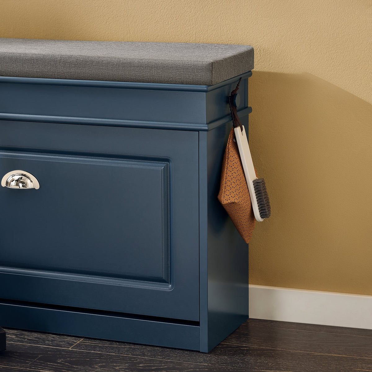 SoBuy Schuhbank FSR82-L-B mit Kissen, Schublade und Haken – Blau – 75 × 24 × 52 cm