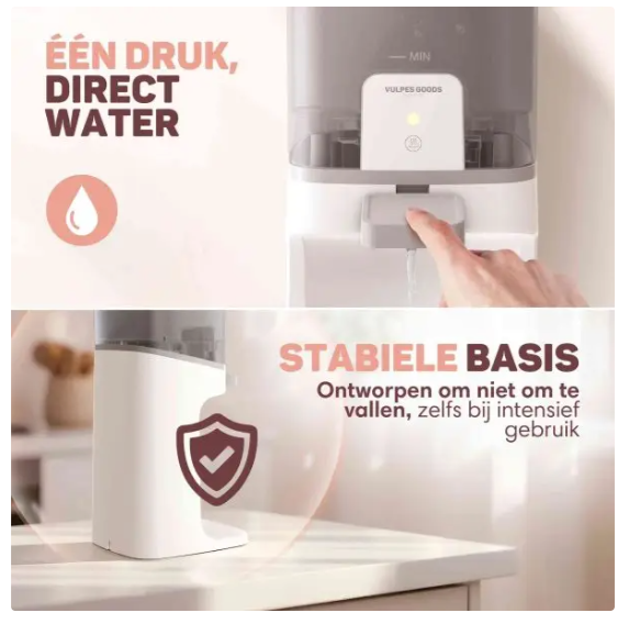 Vulpes Goods® Baby-Wasserspender Pro - 1,6 Liter - Mit 3 Temperatureinstellungen und LED-Anzeige - Einhandbedienung - Für Flaschennahrung und Tee - Weiß/Hellgrau
