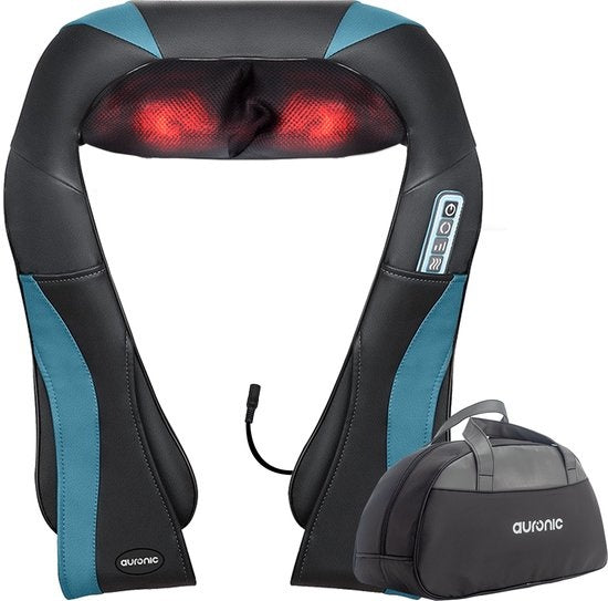 Auronic Shiatsu-Massagekissen - Elektrisches Nackenmassagegerät - Massagegeräte - Nacken und Schulter - Infrarot - inklusive Tragetasche - Schwarz/Blau