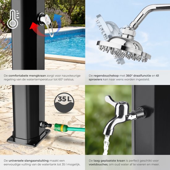 tectake® Außendusche – Solar – 35 l – Warmwasser bis 60 °C – Mit Schutzhülle und Seifenschale – Gartenschlauchanschluss – Gartendusche mit großem, verstellbarem Duschkopf und Fußhahn – Solardusche – Campingdusche mit Solarenergie – Schwarz