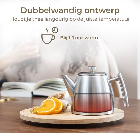 Vaja® Teekanne Camille Silber - Doppelwandig - 1 Liter - Edelstahl-Teekanne mit Filter & Stövchen