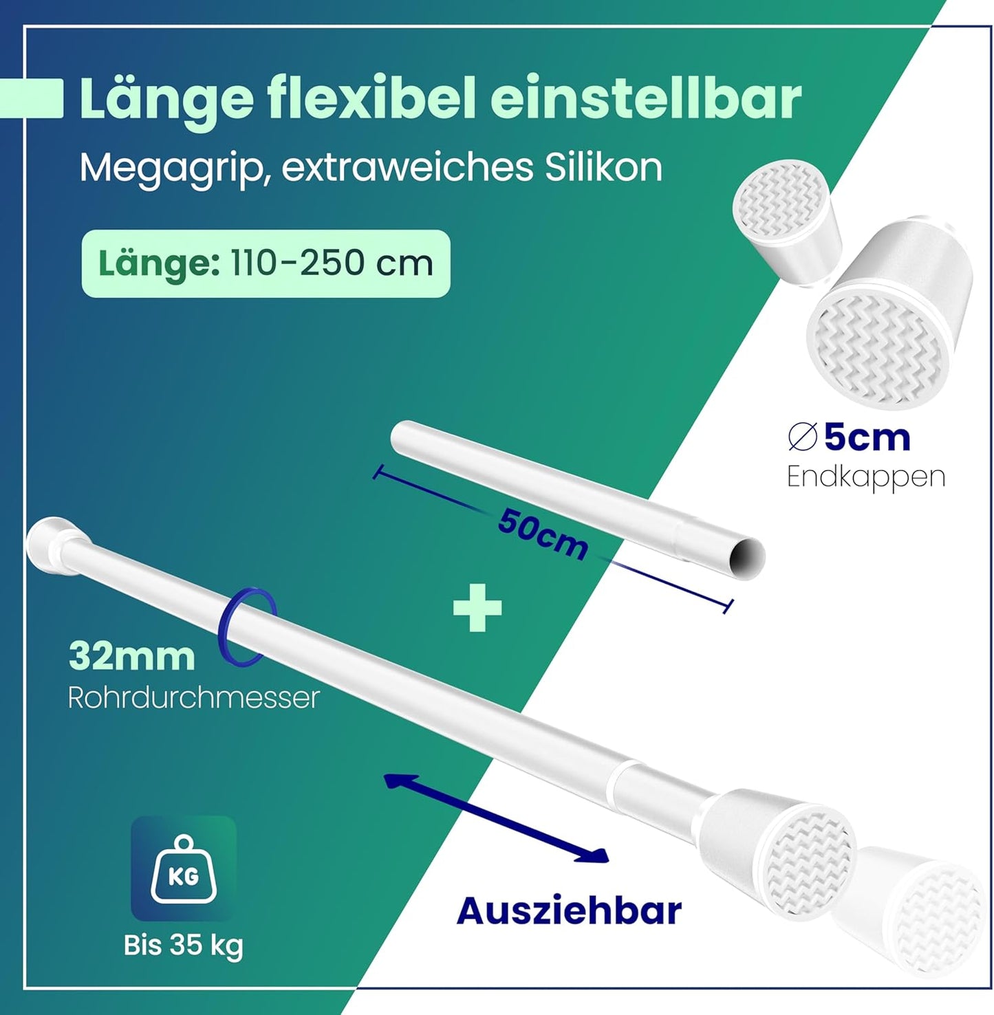 LOBUX® - Gardinenstange ohne Bohren [weiß, 110-250cm] - Teleskopstange Gardinenverlängerung - Duschstange ohne Bohren - Gardinenstange, Duschvorhangstange, Kleiderstange, Klemmstange Katzennetz