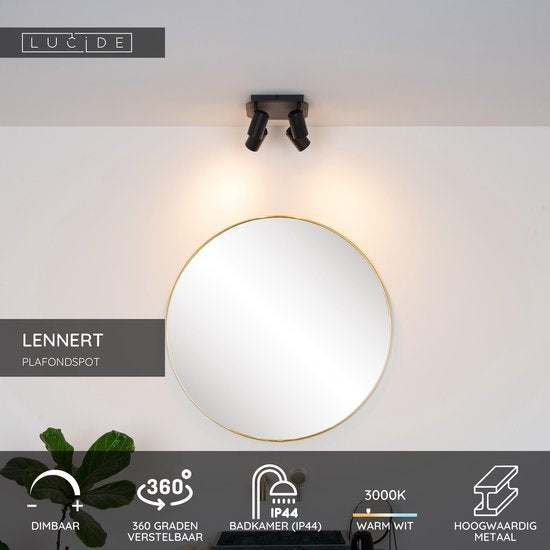 Lucide LENNERT – Deckenstrahler (Deckenleuchte) für das Badezimmer – LED, dimmbar – GU10 – 4 × 5 W, 3000 K – IP44 – Schwarz