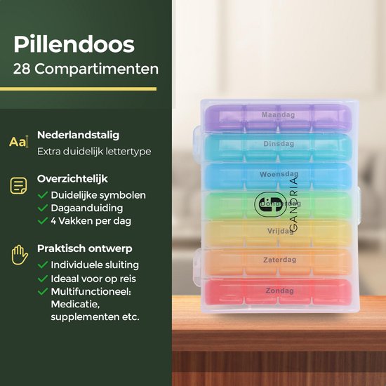 Gandria Pillenbox 7 Tage - Herausnehmbare Pillenbox - Medizinbox mit 28 Fächern - Medizinbox mit stabilem Verschluss - 4 Fächer pro Tag - 7 Farben