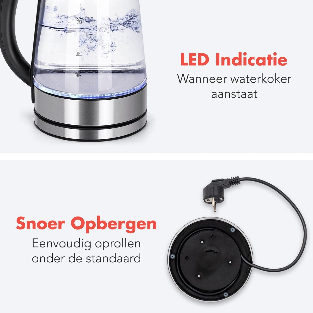 KitchenBrothers - Elektrischer Wasserkocher - Retro - 1,7L - mit Filter - 2200W - Glas - rostfreier Stahl