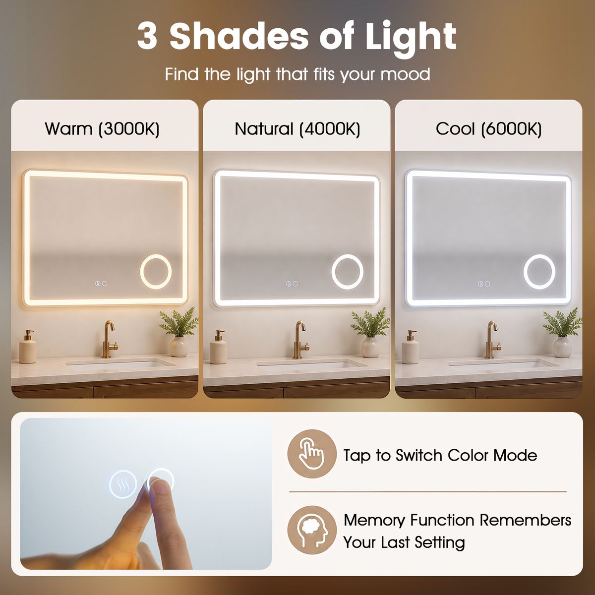 Coast LED-Badezimmerspiegel – integrierter 3-fach-Vergrößerungsspiegel – dimmbares Licht – 80 x 60 cm – silber