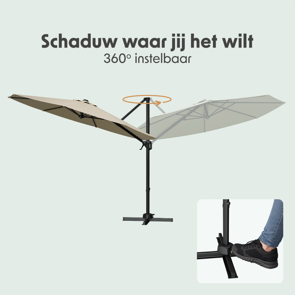 LifeGoods Schwebender Sonnenschirm Ø300 cm - 360° drehbar - 6 Ständer - Inkl. Abdeckung - Taupe
