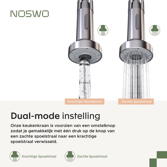 Noswo Küchenarmatur mit herausziehbarem Auslauf - Küchenarmatur - Handbrause - herausziehbar - Flexibler Schlauch - Chrom