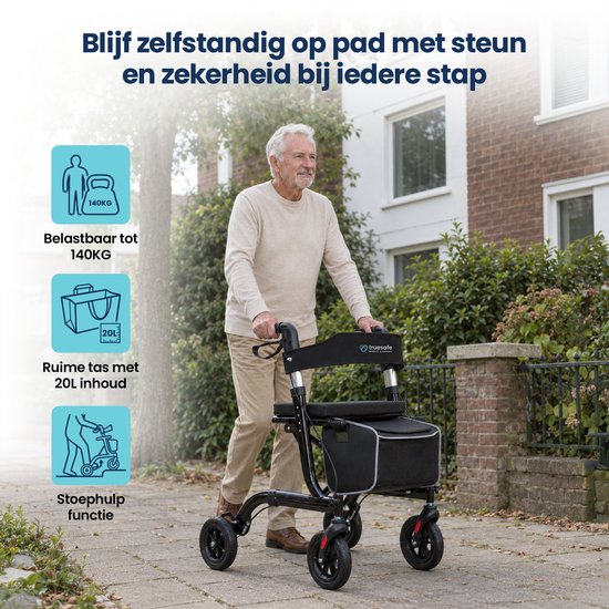 TrueSafe Rollator, leicht und zusammenklappbar (6,9 kg) – Für drinnen und draußen – Inkl. ergonomischem Sitzkissen, Beleuchtung, Rückenlehne, Gehstockhalter und mehr – Schwarz