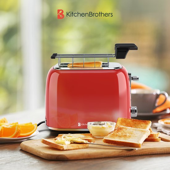 KitchenBrothers Toaster mit Toasty Clamps - Toaster - 6 Wärmestufen - Breite Schlitze - Toaster - 870W - Rot