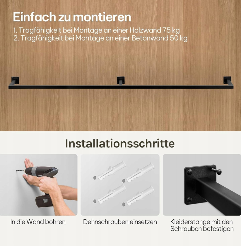 Woltu Wandgarderobe im Industrial-Stil – Schwarz – 170 x 6 x 30 cm