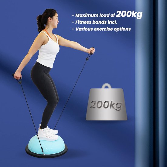 DH FitLife Balanceball, Yoga-Balancetrainer, Durchmesser 60 x 22 cm, belastbar bis 200 kg, halber Gymnastikball, Fitness-Balanceboard, Gleichgewichtsbrett mit Pumpe und 2 Fitnessbändern