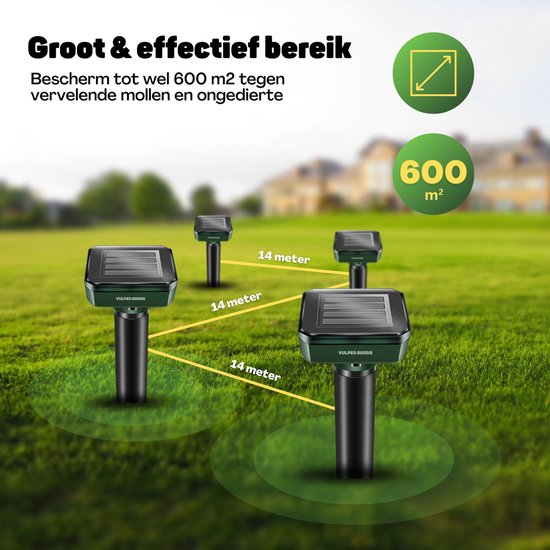 Vulpes Goods® Repellent - Mole Repellent - 4 Stück - Mouse Repellent - Mole Repellent - Funktioniert mit Solarenergie - Wasserdicht - Tierfreundlich - Sauberer Garten, Rasen oder Grundstück!