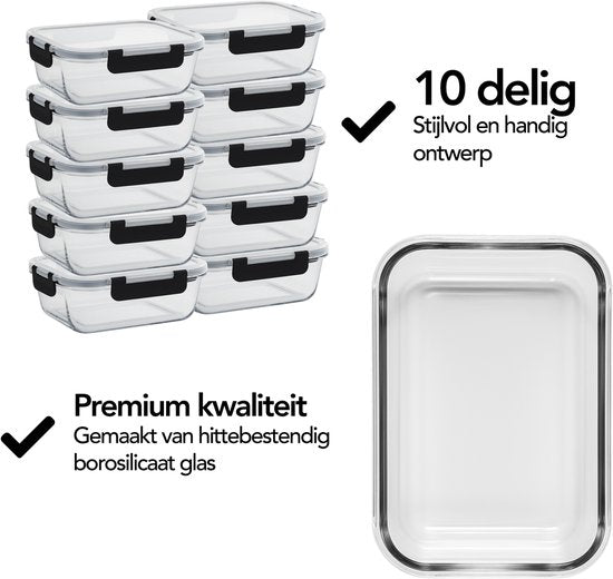 Aviro Food Storage Tassen Glas - 10 Stück - Mahlzeit Prep Tassen - Gefrierschrank, Mikrowelle & Backofen resistent - BPA frei - luftdicht - 1L