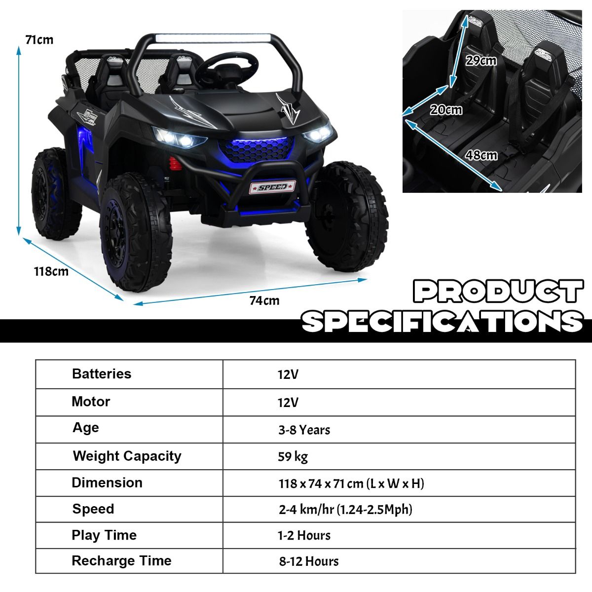 Coast Elektro-Kinderauto mit 2 Sitzen – mit Fernbedienung und Musik – schwarz