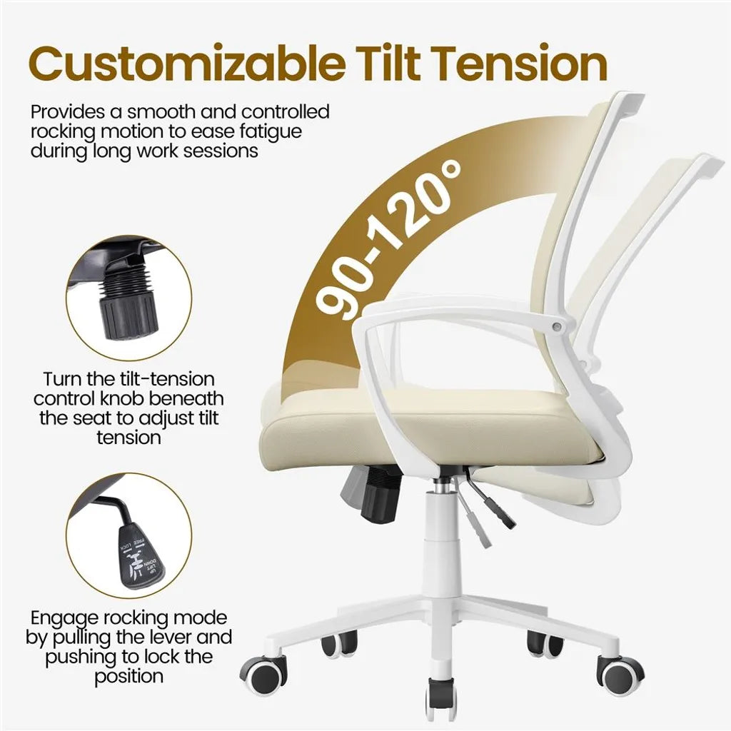Yaheetech Ergonomischer Bürostuhl 60 x 60 x 91–100,5 cm – Beige – Verstellbarer Drehstuhl mit Netzrückenlehne