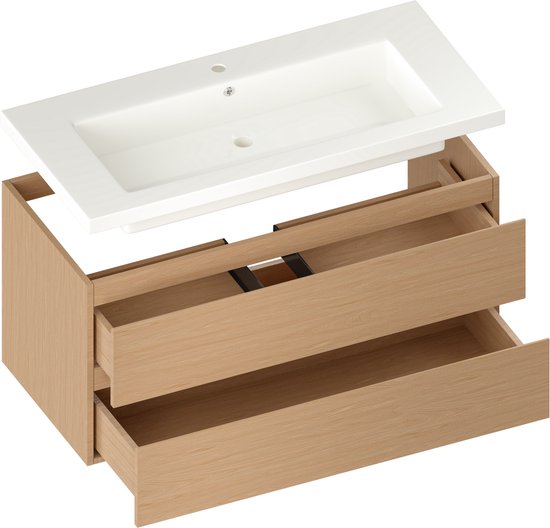 Mirlux Badezimmerschrank Hell-Eiche 100 cm – Waschbecken Weiß – Badezimmerschrank-Set – Waschbeckenunterschrank Hell-Eiche