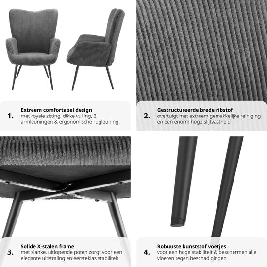 tectake Ohrensessel im skandinavischen Stil - Cord Hygge - Sessel für Wohnzimmer, Schlafzimmer - Loungesessel - Schwarze Metallbeine - Belastbarkeit bis 150 kg - Grau