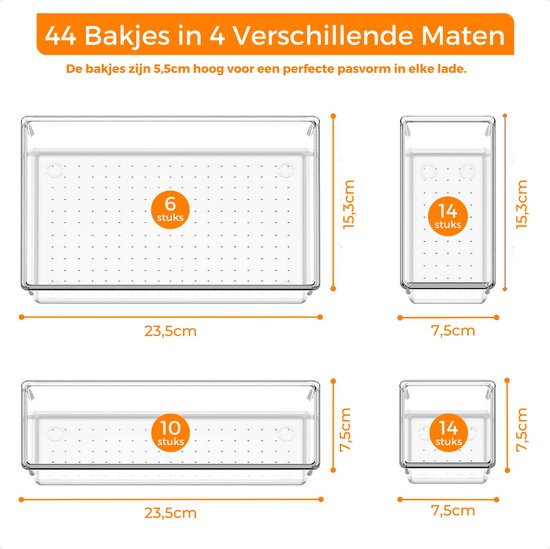 Posity Drawer Organizer - 44 Stück - Organizer Trays - Drawer Trays - Storage Trays - Make-up Organizer - Für Küche, Bad & Büro - Kunststoff - Transparent