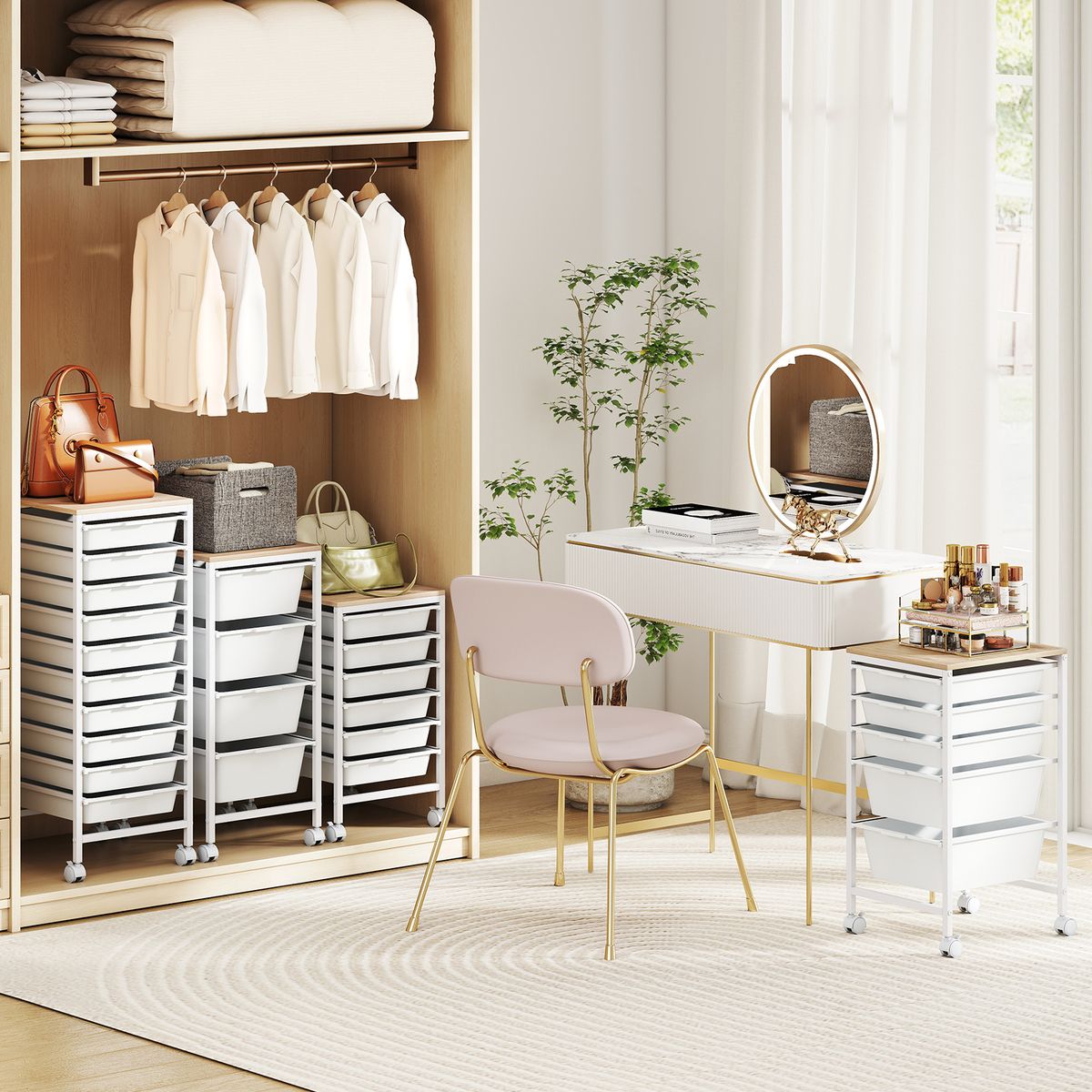 Coast Rollcontainer mit 10 Schubladen – stabiler Metallrahmen – Holzplatte – weiß – 37 x 32,5 x 85 cm