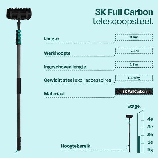 VONROC PRO 3K Vollcarbon-Teleskop-Waschbürste – 6,5 m – inkl. 5-flächigem Bürstenkopf, 9 m Wasserschlauch und Seifenspender