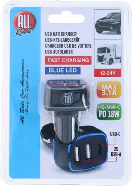 All Ride Car Charger USB - 2x USB-A und USB-C Anschluss - Power Delivery/ Fast Charge 18W - Anschluss an Zigarettenanzünder Auto - Kunststoff - Schwarz