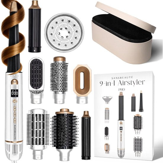 Sansbeauté® 9-in-1 Airstyler mit Diffusor und Aufbewahrungsbox - Multistyler - Haartrocknerbürste kurzes Haar - Lockenstab - Haarstyler - Haartrockner - Wärmebürste - Lockenbürste - Lockenstab - Haarglätter - Stylingbürste - 5 in 1 Hairstyler
