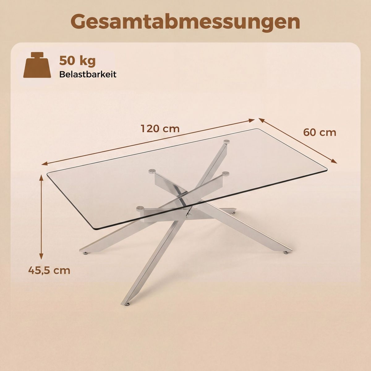 Coast Couchtisch – gehärtetes Glas – modernes Design – silber 120 x 60 x 45,5 cm