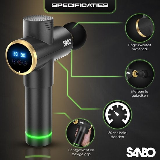 Sanbo Massagepistole Elite - Sport- und Entspannungsmassage - Schwarz/Gold - Professionelle 30 Stufen - Inklusive Etui - Inklusive APP - Massagepistole - Massagegerät - Fitness