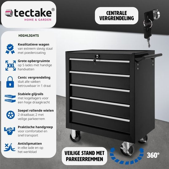 tectake - Werkzeugwagen mit 5 Schubladen - schwarz - 402797
