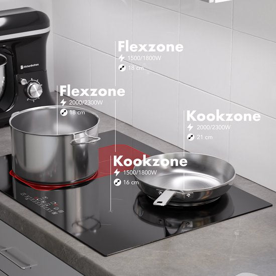KitchenBrothers - Eingebautes Induktionskochfeld - 70 cm - 4 Kochzonen (2800W pro Zone) - Flex Zone & Turbo Boost - Glas & Keramik - Schwarz