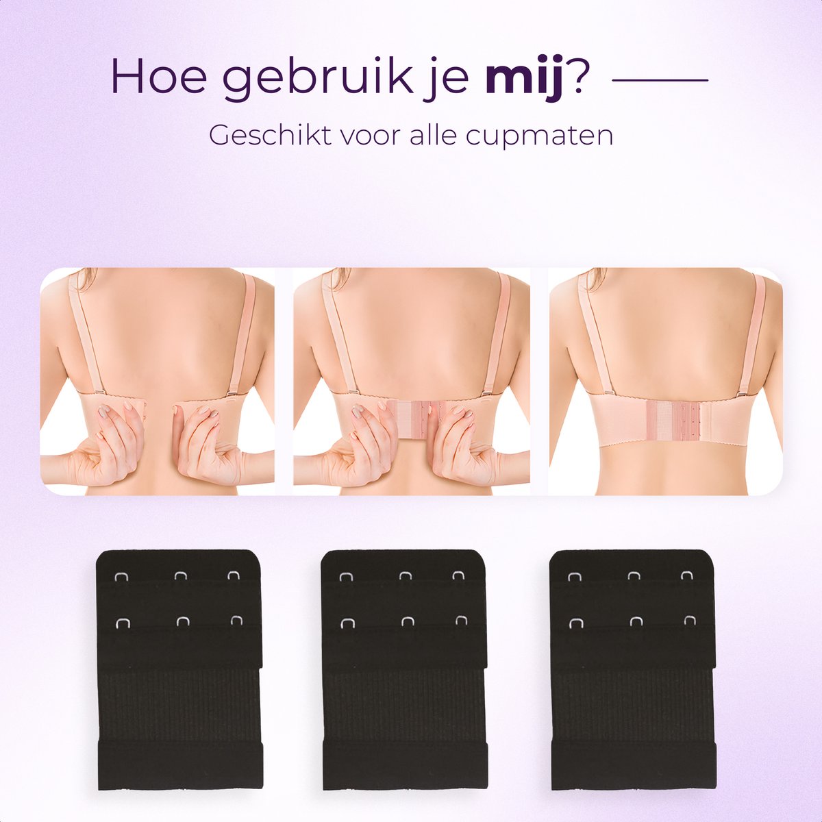 BH-Verlängerungsstück mit 3 Haken, 3er-Pack, elastisch, schwarz