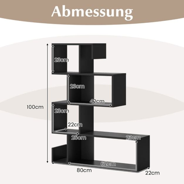 Coast S-förmiges Bücherregal mit 5 Ebenen – 80 x 22 x 100 cm – Schwarz