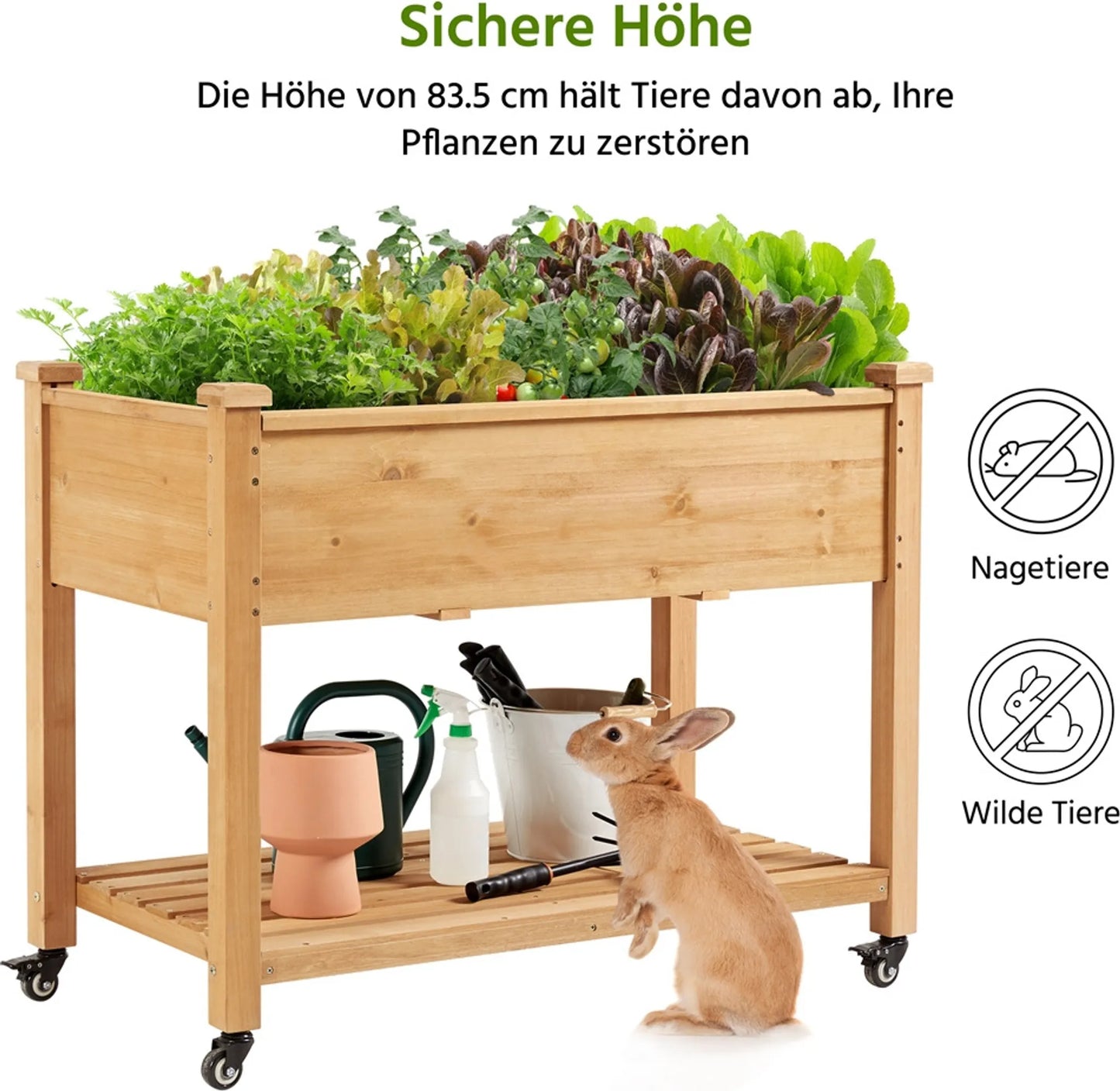 Yaheetech Pflanzgefäß auf Rädern - mit 4 Entwässerungslöchern und Aufbewahrungsbox und 360° Rollen - für Garten, Balkon und Terrasse - Fichte hellbraun - 105,5 x 56,5 x 83,5 cm