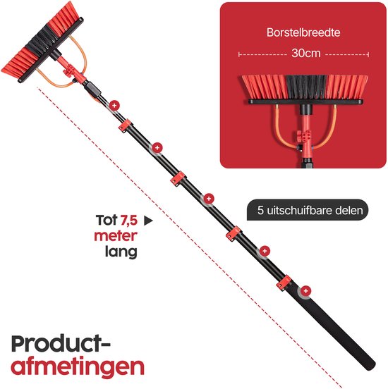 Infinity Goods Teleskop-Fensterreinigungsbürste 7,5 m – Fensterwischer – Fensterwischer – Seifenspender – Wasserdurchlauf – Schwarz/Rot