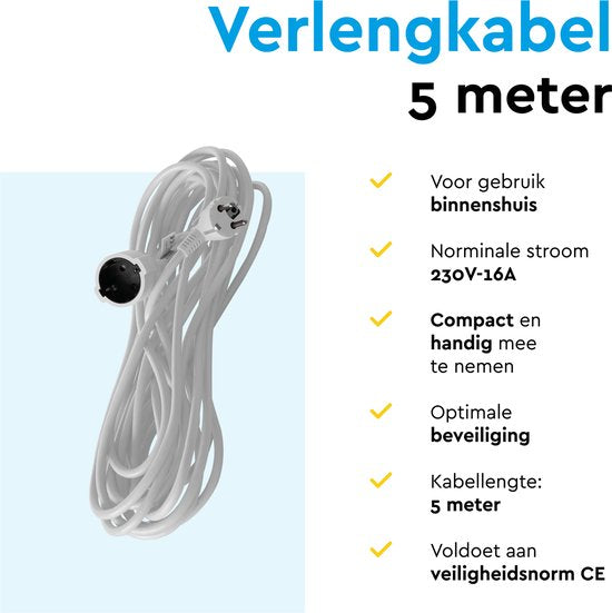 BRASQ Verlängerungskabel 5 Meter Weiß – Verlängerungskabel mit Schutzerdung – Verlängerungskabel für den Innenbereich