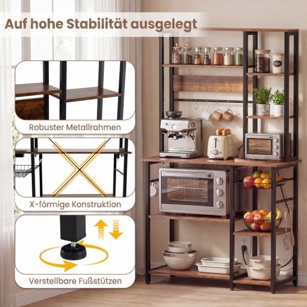 Coast 6-lagiges Küchenregal mit Steckdose – Mikrowellenregal mit ausziehbarem Drahtkorb, 12 Haken und USB-Anschluss, 99 × 40 × 170 cm – Rustikales Braun/Schwarz