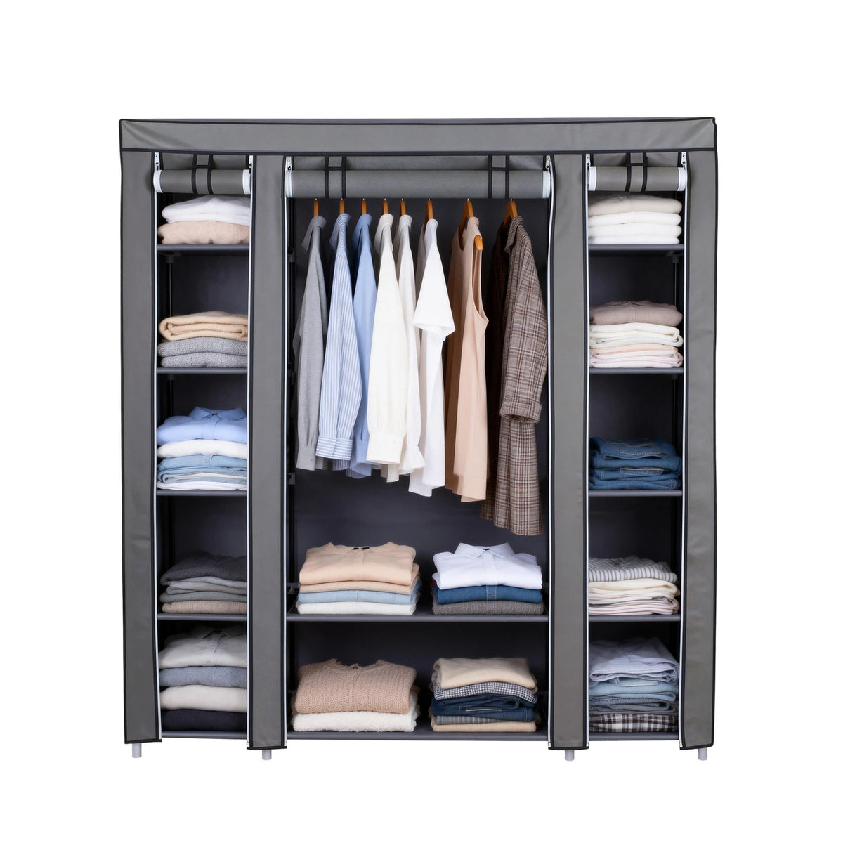 Joyfurnos Faltbarer Stoffkleiderschrank – Metallgestell – Grau