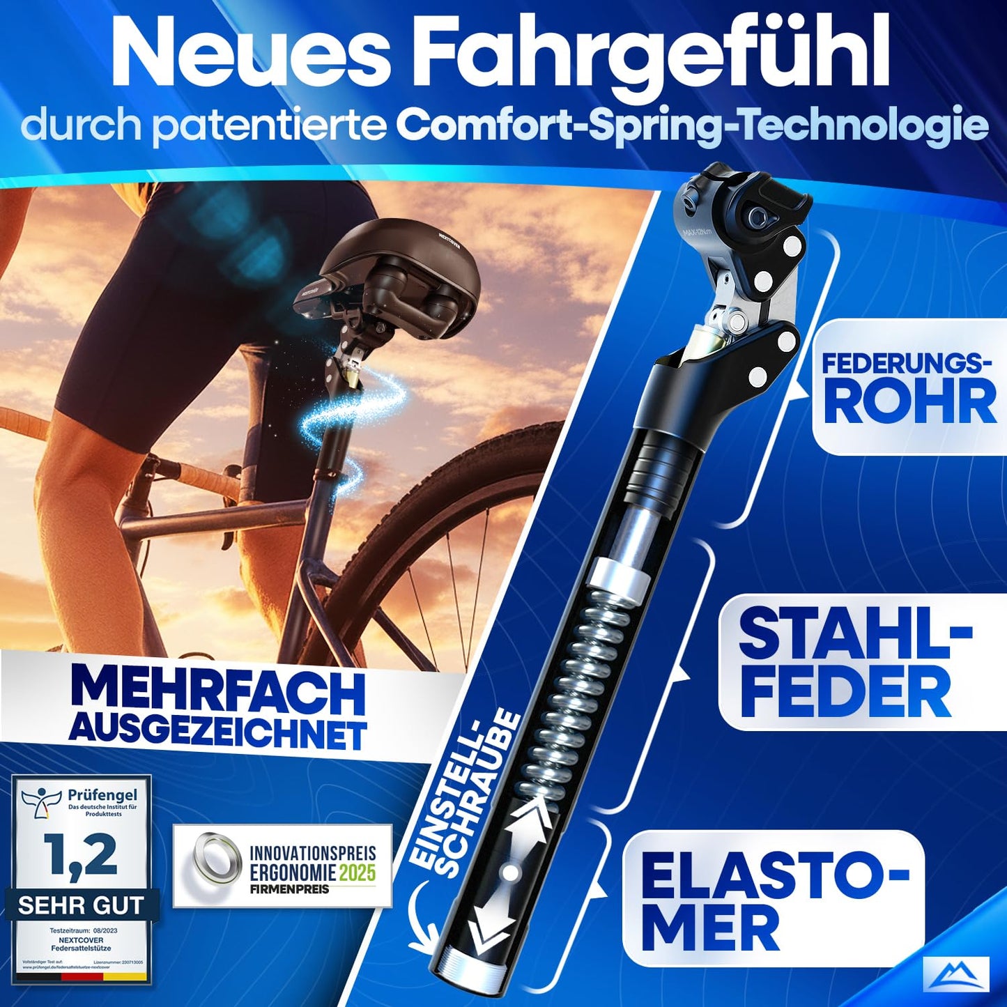 Nextcover Nxt-10 Sattelstütze – gefedert – Comfort Spring – 27,2 mm – Schwarz