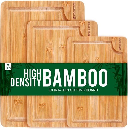 Rochester Schneidebretter Holz - Trinkbrett - Servierbrett - 3-teilig - Bio-Bambus - Luxuriöses Design - Hygienisch und langlebig