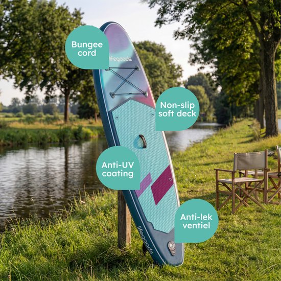 LifeGoods SUP Board All-round Compact - mit Sitz - 100 KG Tragfähigkeit - 300 x 76 cm - Aufblasbar - Komplettes SUP Paket - Blau/Lila