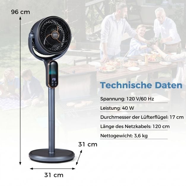 Coast Verstellbarer Stativventilator – 8 Geschwindigkeitsstufen – 54–96 cm – Grau