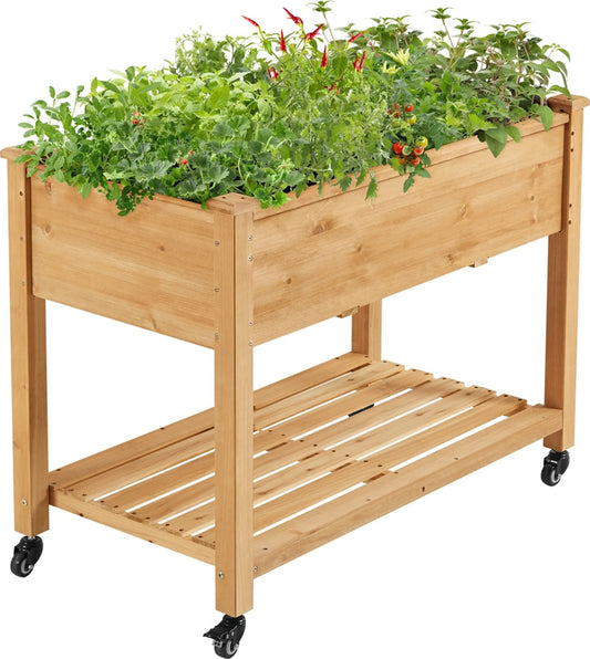 Yaheetech Pflanzgefäß auf Rädern - mit 4 Entwässerungslöchern und Aufbewahrungsbox und 360° Rollen - für Garten, Balkon und Terrasse - Fichte hellbraun - 105,5 x 56,5 x 83,5 cm