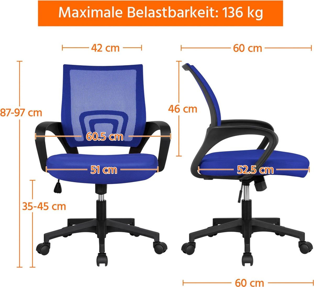 Yaheetech Bürostuhl Ergonomisch - Ausgestattet mit atmungsaktivem Mesh-Gewebe und Schaukelfunktion und breite Sitzfläche - Für Büro und Studie - Blau Nylon und Stahl - 60,5 x 60 x 87-97 cm
