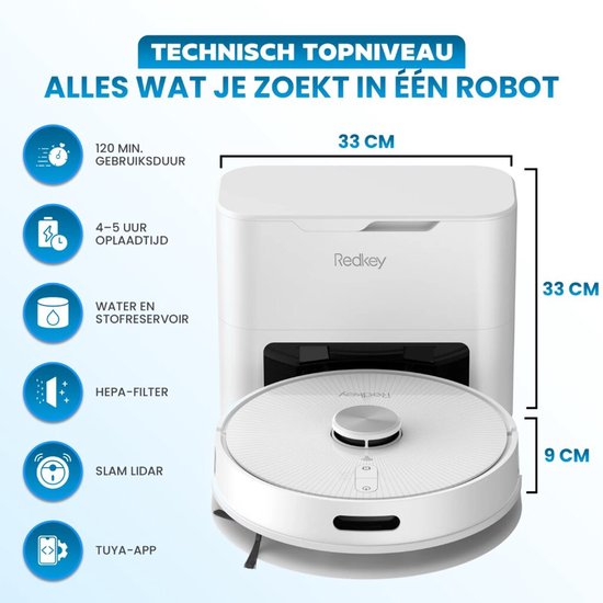 Redkey R10 Staubsaugerroboter mit Wischfunktion - Staubsaugerroboter mit Ladestation - Saugroboter entleert sich automatisch - Staubsaugerroboter - Wischroboter - Weiß