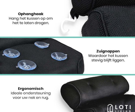 Loti Living Badekissen für die Badewanne - Badekissen - Nackenkissen für die Badewanne - Kopfstütze für die Badewanne - Badekissen mit Saugnäpfen - 6 Saugnäpfe - Ergonomisches Nackenkissen - Anti-Rutsch - Schwarz